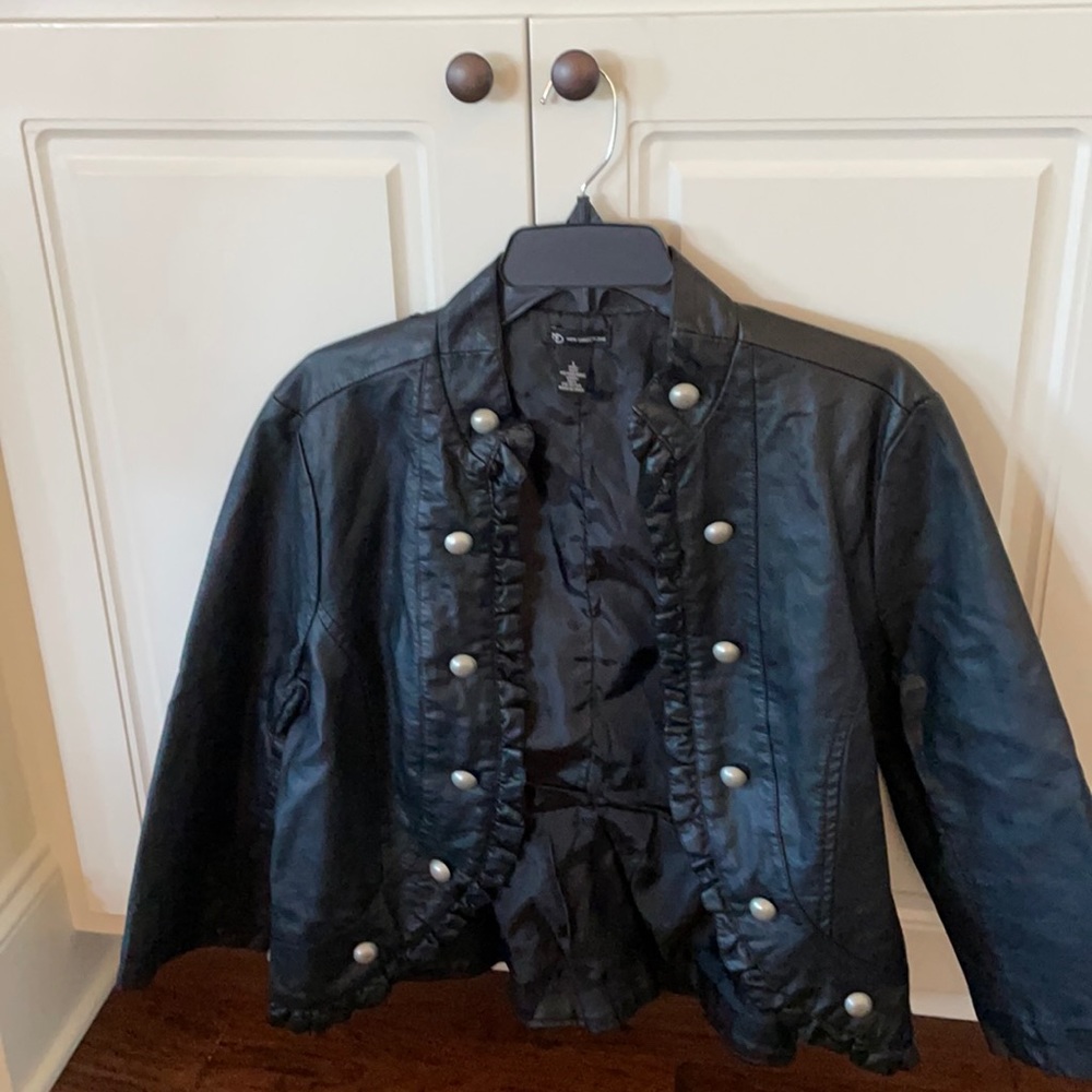 Black leather like short jacket with ruffle accent ,silver buttons